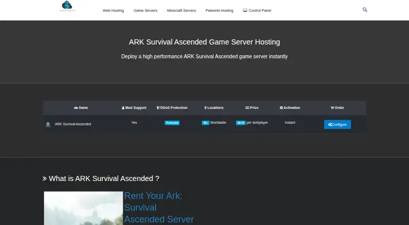 AA Game Hosting ARK: Survival Ascended Server Hosting home page