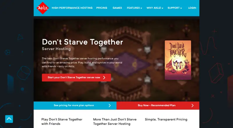 Akliz Don't Starve Together Server Hosting home page