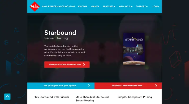 Akliz Starbound Server Hosting home page