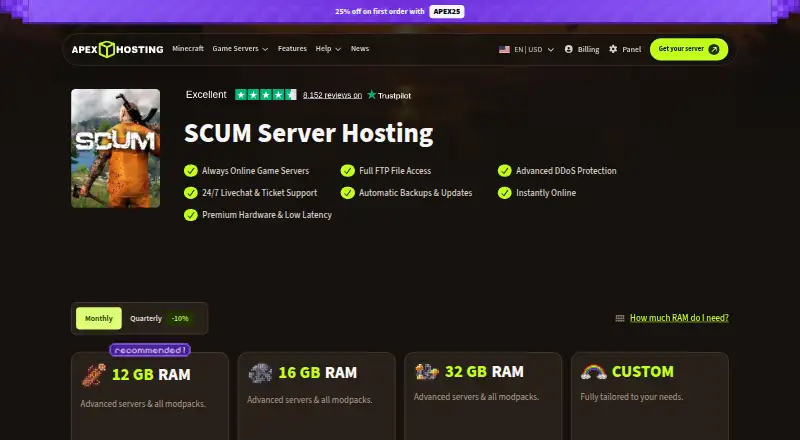 Apex Hosting SCUM Server Hosting home page