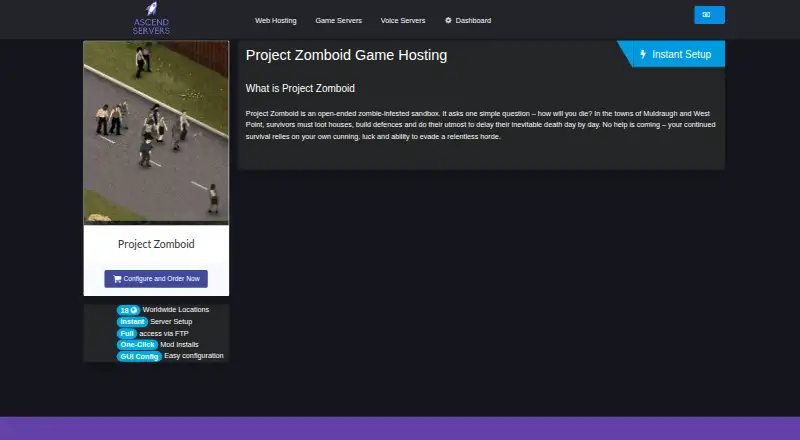 Ascend Servers Project Zomboid Server Hosting home page