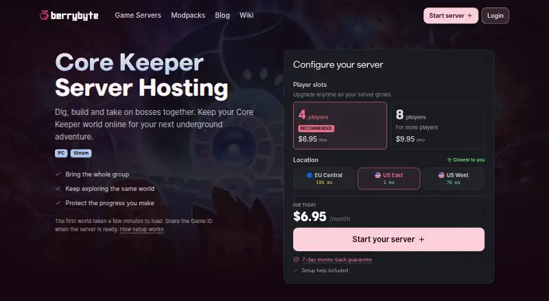berrybyte Core Keeper Server Hosting home page