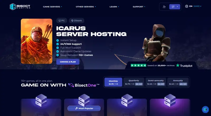 BisectHosting Icarus Server Hosting home page