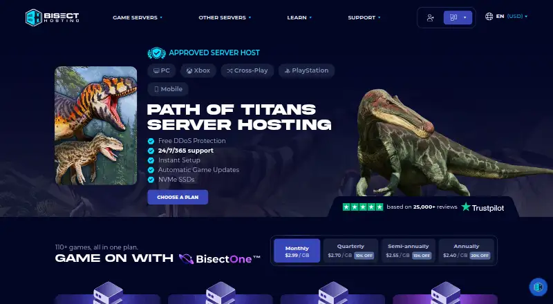 BisectHosting Path of Titans Server Hosting home page