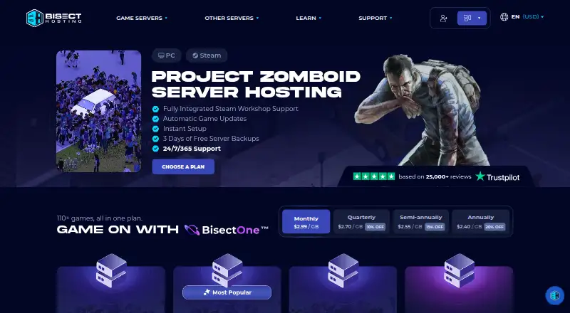 BisectHosting Project Zomboid Server Hosting home page