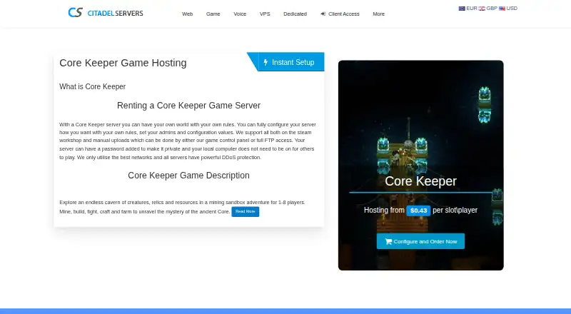 Citadel Servers Core Keeper Hosting home page