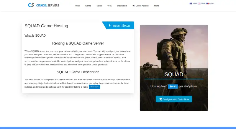 Citadel Servers Squad Game Hosting home page