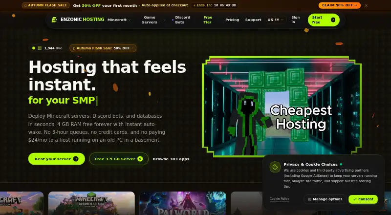 Enzonic Cloud Portal Knights Hosting home page
