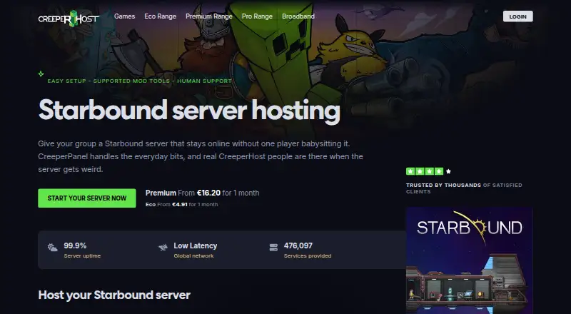 CreeperHost Starbound Server Hosting home page