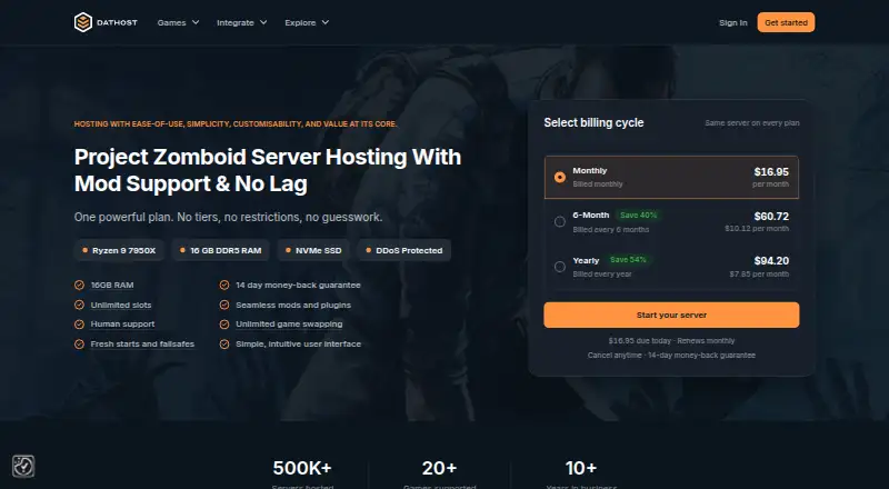 DatHost Project Zomboid Server Hosting home page