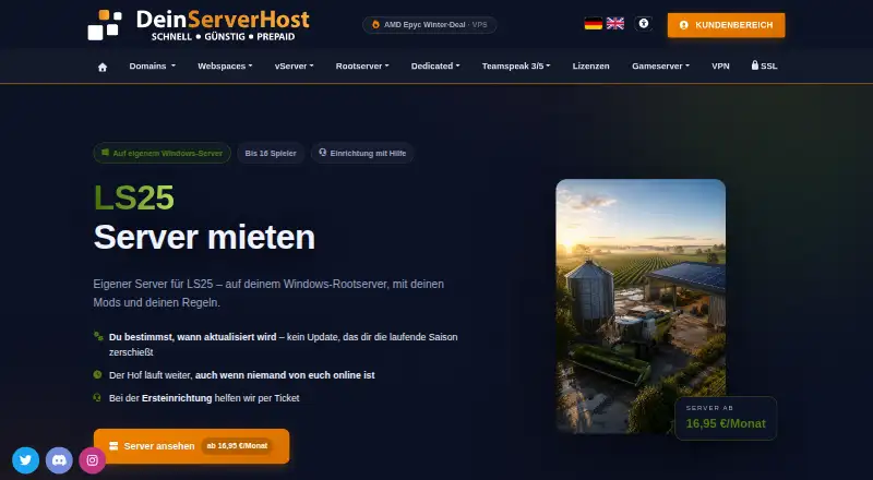 DeinServerHost Farming Simulator 25 Server Hosting home page