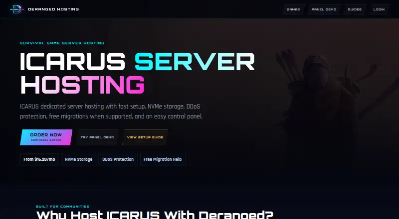 Deranged Hosting Icarus Server Hosting home page