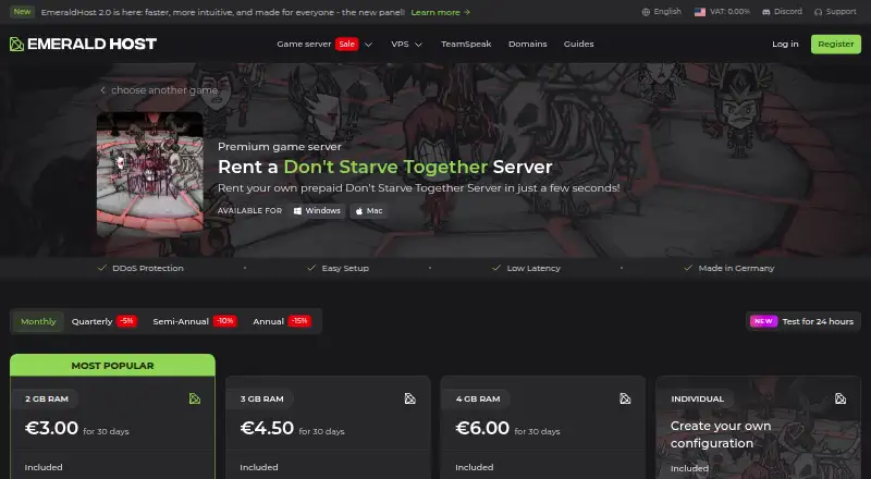EmeraldHost Don't Starve Together Server Hosting home page