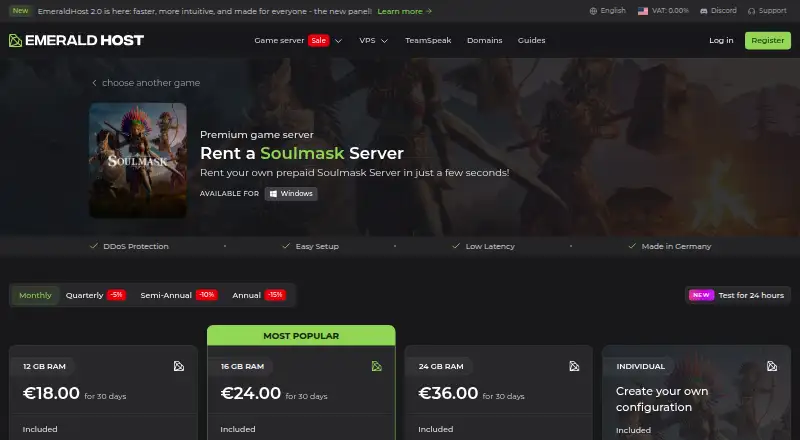 EmeraldHost Soulmask Server Hosting home page