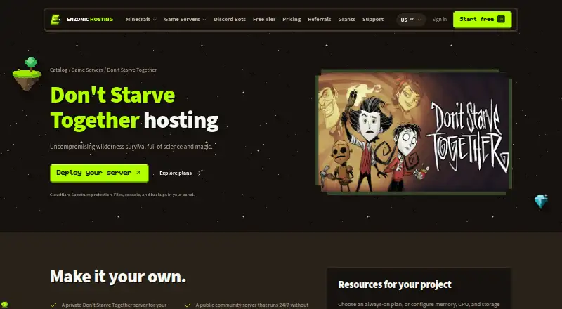 Enzonic Don't Starve Together Server Hosting home page