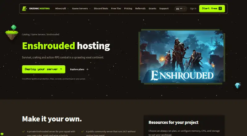 Enzonic Cloud Enshrouded Hosting home page