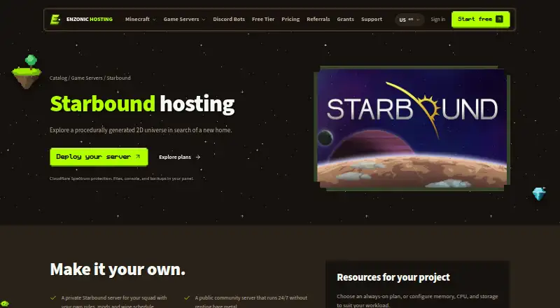 Enzonic Cloud Starbound Hosting home page