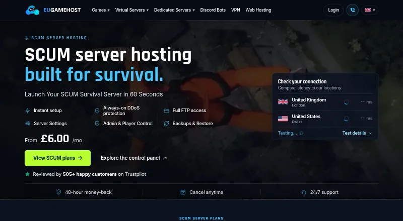 EUGameHost SCUM Server Hosting home page