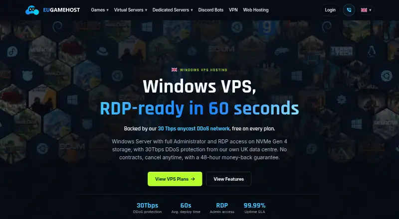 EUGameHost Windows VPS home page