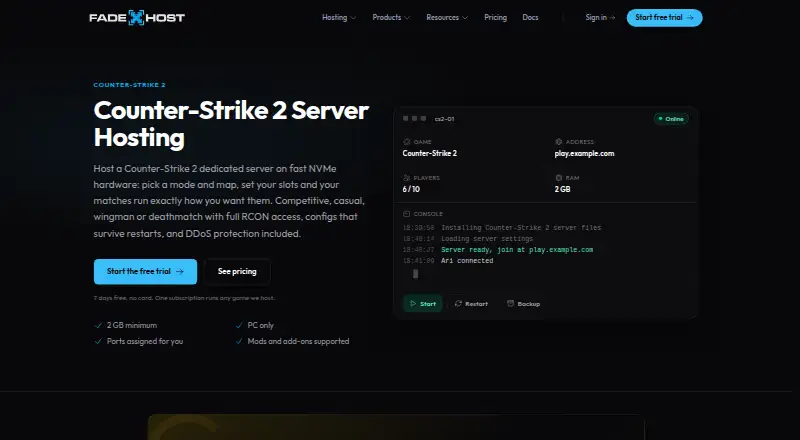 FadeHost Counter-Strike 2 Server Hosting home page