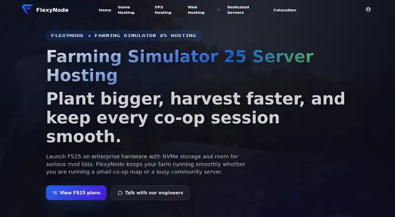 FlexyNode Farming Simulator 25 Server Hosting home page