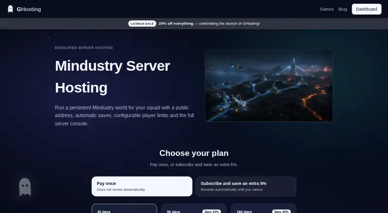 GHosting Mindustry Server Hosting home page