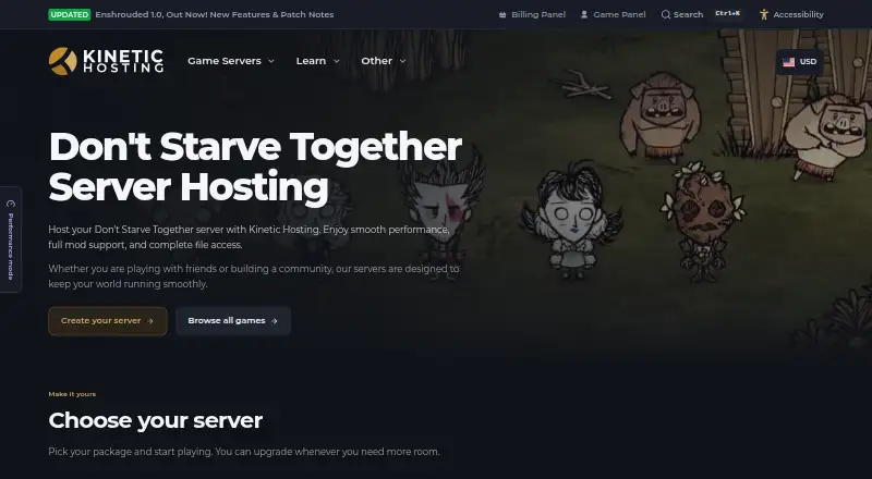 Kinetic Hosting Don't Starve Together Server Hosting home page