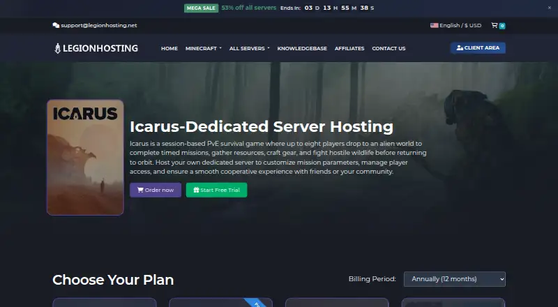Legion Hosting Icarus Dedicated Servers home page