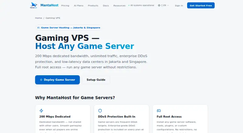 MantaHost Gaming VPS home page