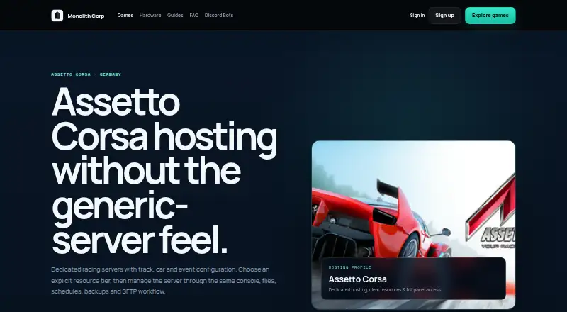 Monolith Corp Assetto Corsa Server Hosting home page