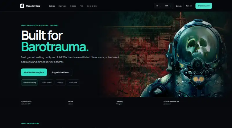 Monolith Corp Barotrauma Server Hosting home page