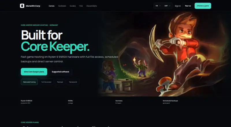 Monolith Corp Core Keeper Hosting home page