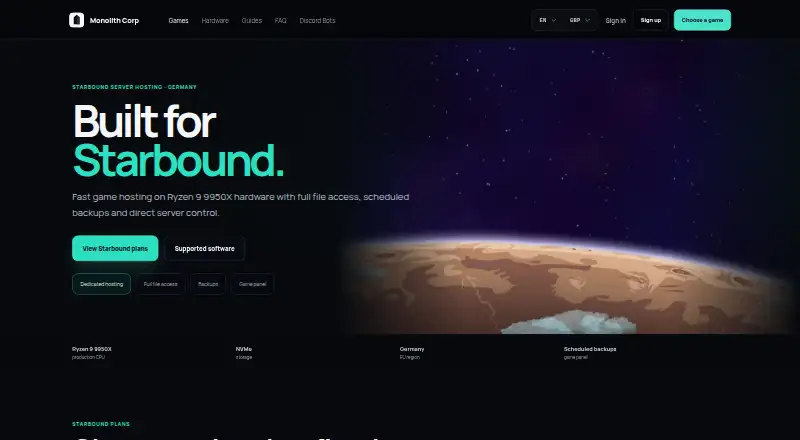 Monolith Corp Starbound Server Hosting home page