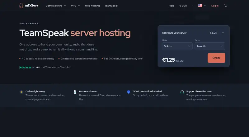 MTXServ TeamSpeak Server Hosting home page
