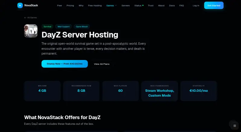 NovaStack DayZ Hosting home page