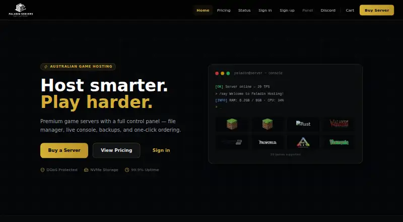 Paladin Server Hosting home page