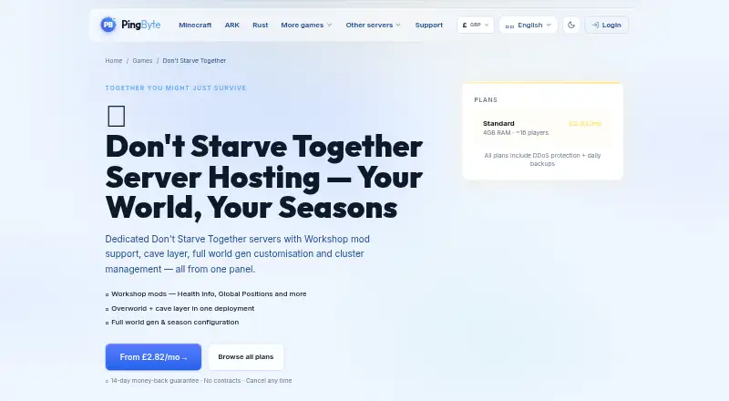 PingByte Don't Starve Together Server Hosting home page