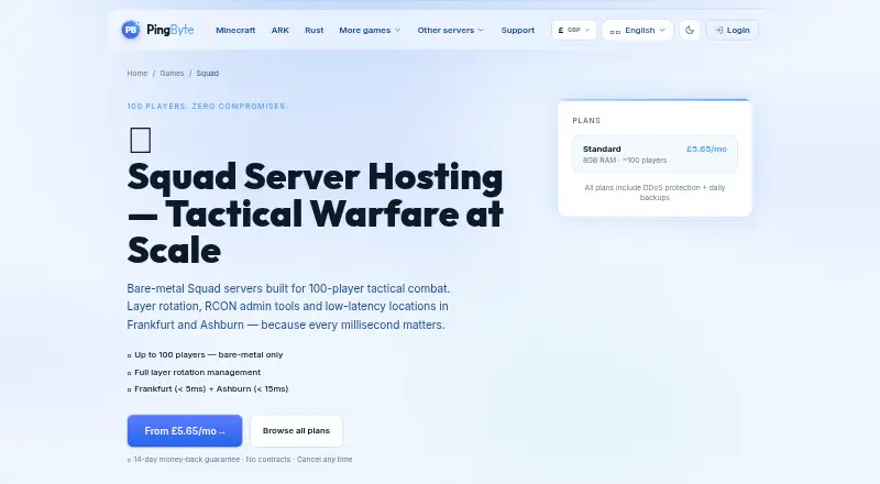 PingByte Squad Server Hosting home page