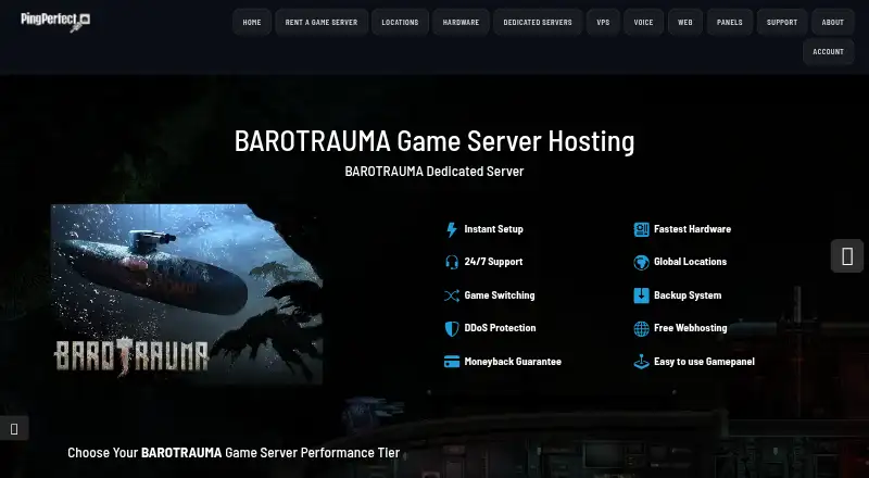 PingPerfect Barotrauma Server Hosting home page