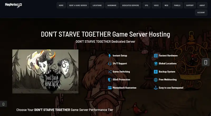 PingPerfect Don't Starve Together Server Hosting home page