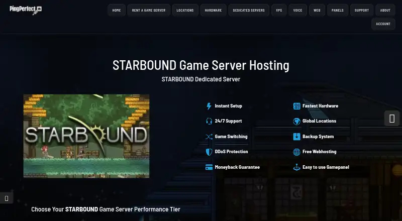 PingPerfect Starbound Game Server Hosting home page