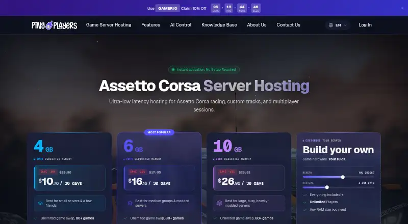 PingPlayers Assetto Corsa Server Hosting home page