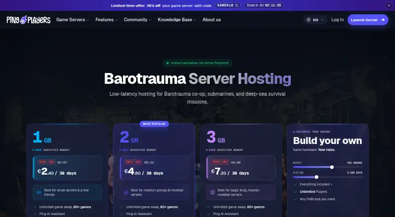 PingPlayers Barotrauma Server Hosting home page