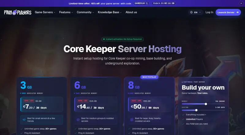 PingPlayers Core Keeper Server Hosting home page