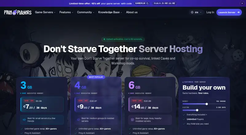 PingPlayers Don't Starve Together Server Hosting home page