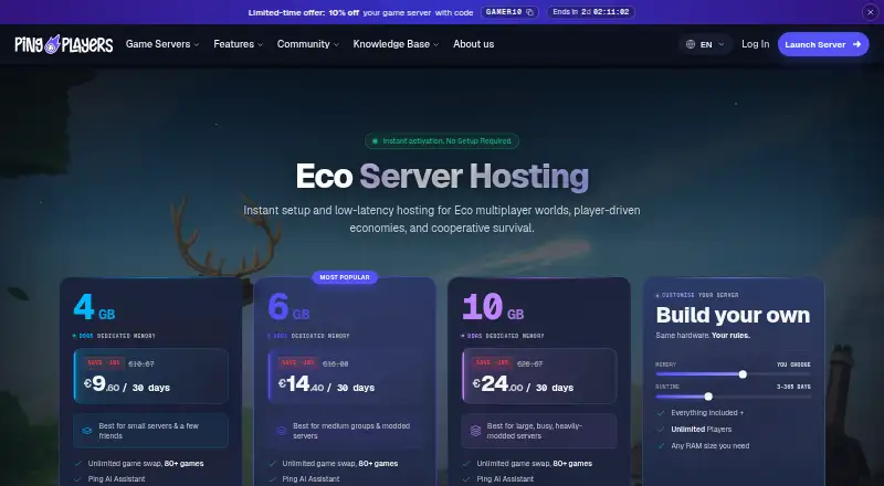 PingPlayers Eco Server Hosting home page