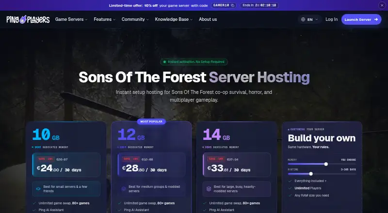 PingPlayers Sons of the Forest Server Hosting home page