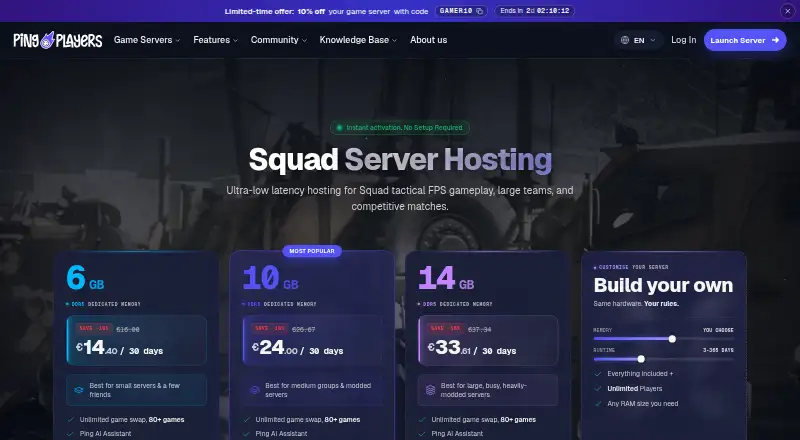 PingPlayers Squad Server Hosting home page
