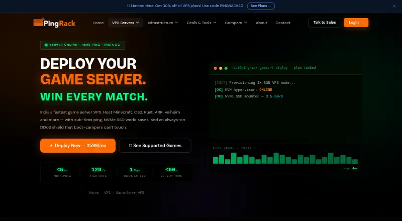 PingRack Game Server VPS home page