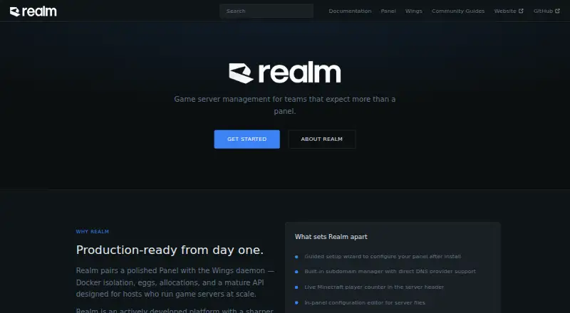 Realm Panel home page